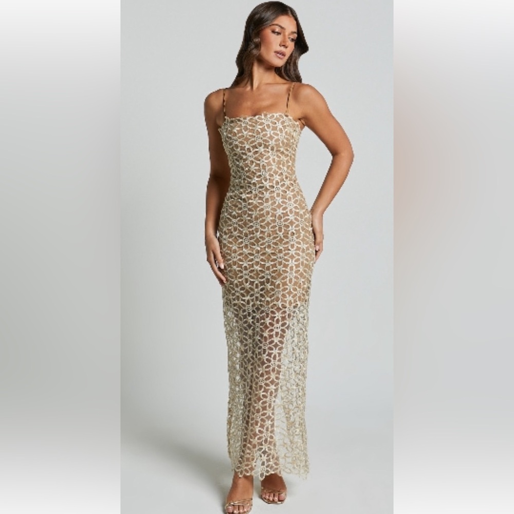 Showpo Strapless Gold Lace Dress
